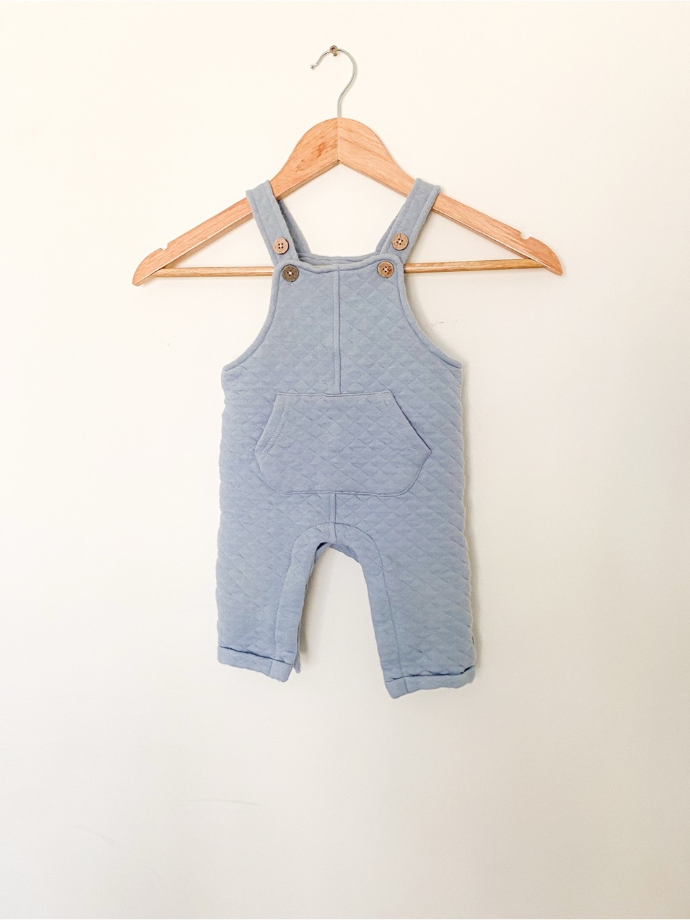 Quilted Light Blue Overalls with Front Pocket and Wooden Buttons 100% Cotton